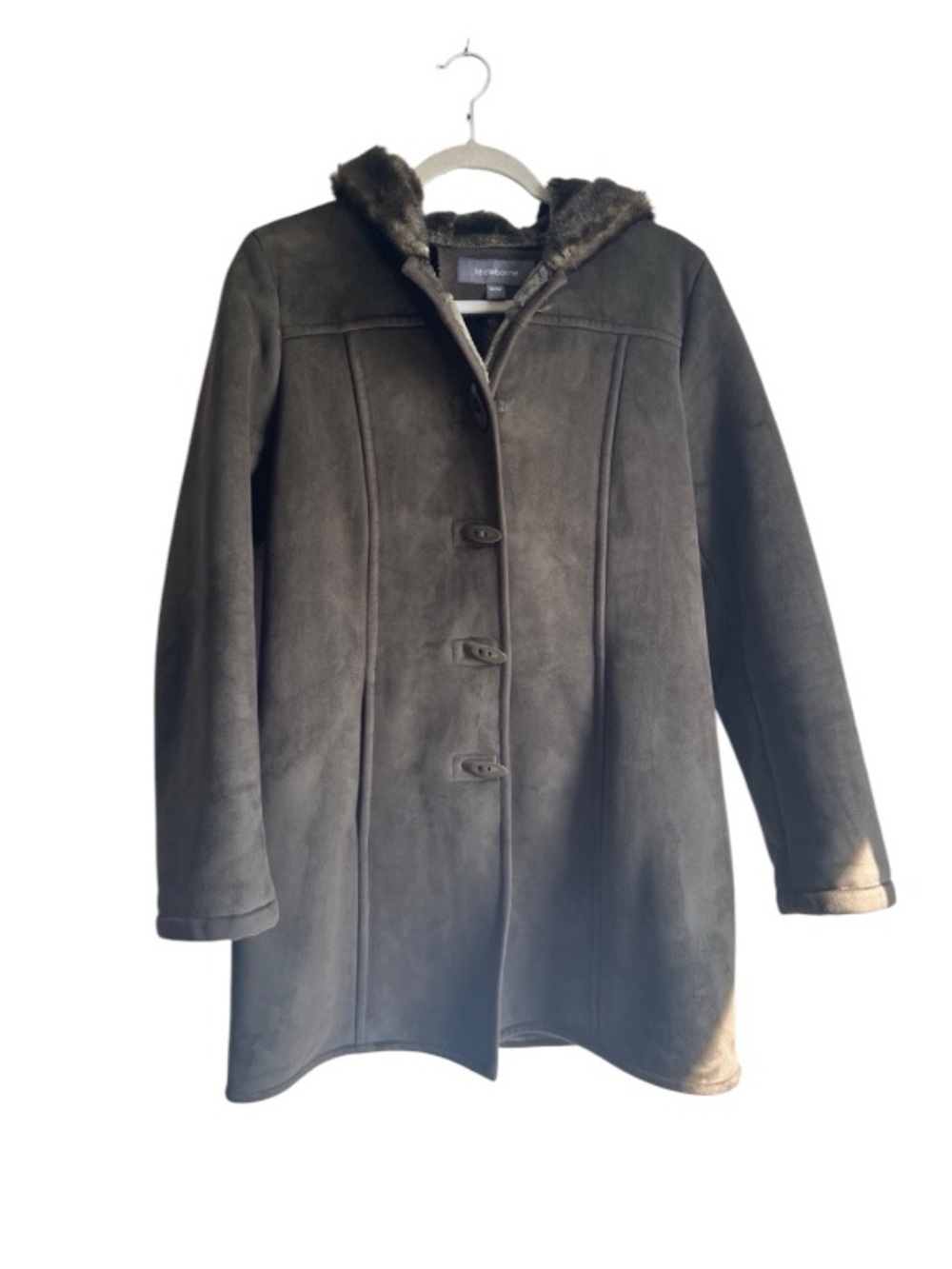 Liz Claiborne Faux Suede Hooded Shearling Coat Chocolate Brown Sz Medium